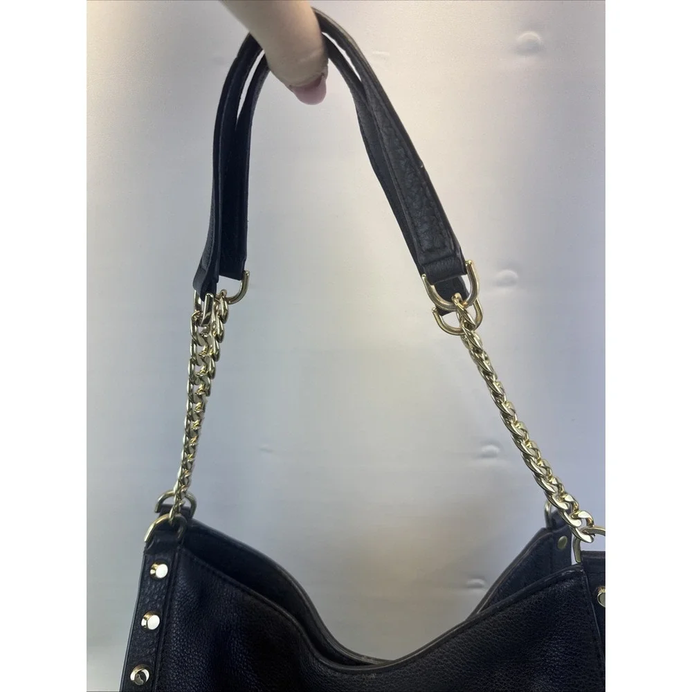 MICHAEL KORS Newbury Black STUDDED Gold Chain BLACK Leather HOBO Bag Tote Purse